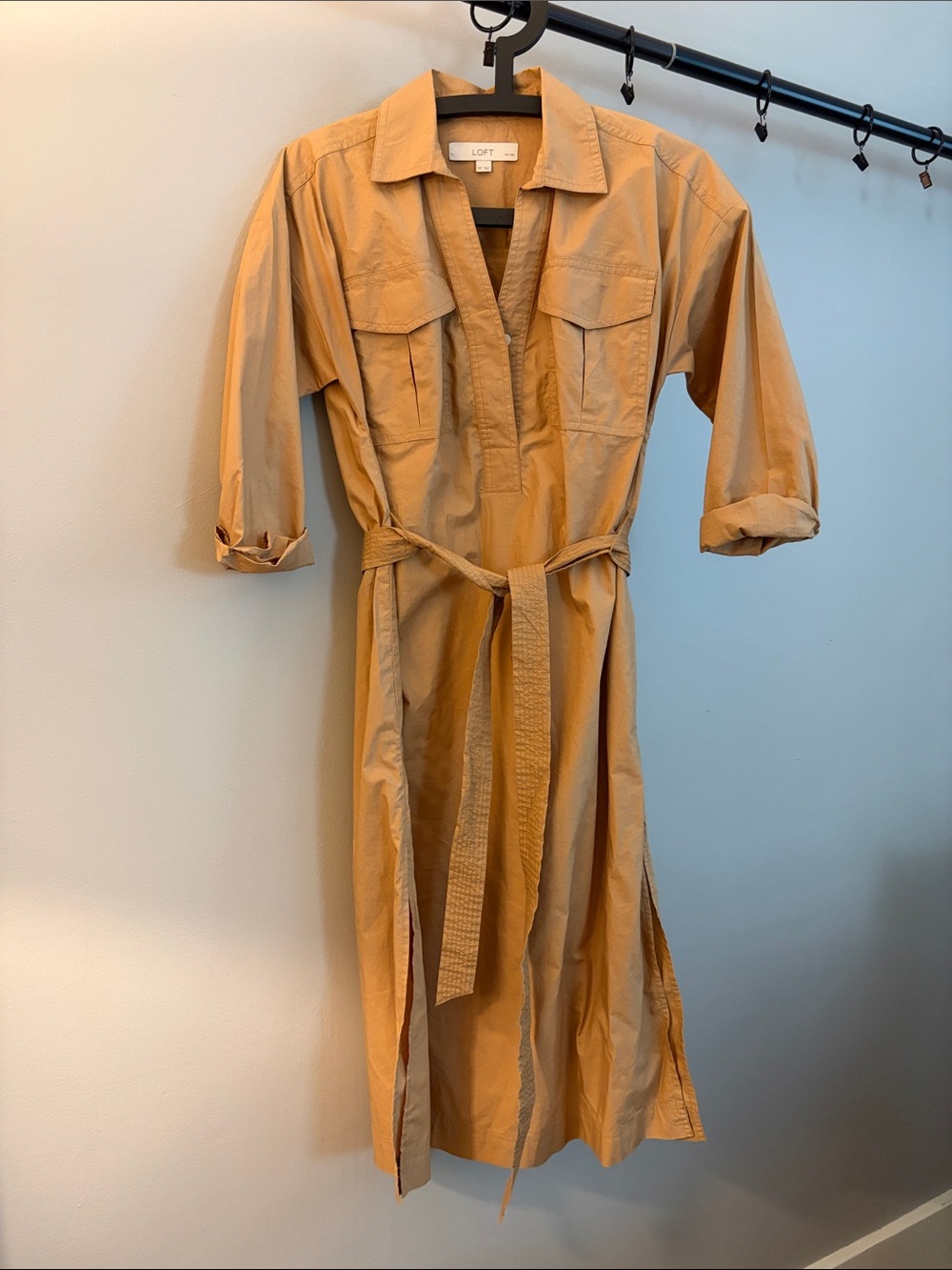 LOFT Tan Utility Midi Shirt Dress with Tie Belt
